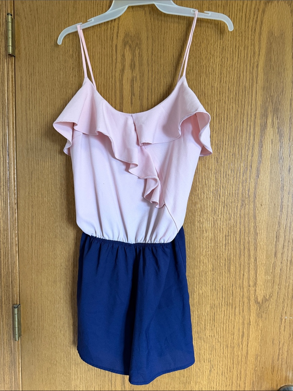 Charlotte Russe Pink and Navy Ruffle Romper